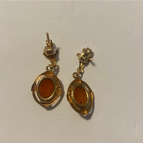 Vintage 14k gold marked cameo oval fan shell dangle post earrings as is - Picture 5 of 14